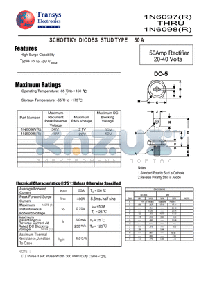 1N6098 datasheet - SCHOTTKY DIODES STUD TYPE 50 A