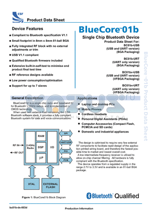 BC01B-USB datasheet - Single Chip Bluetooth Device