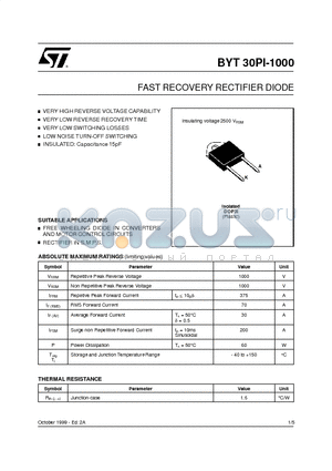BYT30PI datasheet - FAST RECOVERY RECTIFIER DIODE