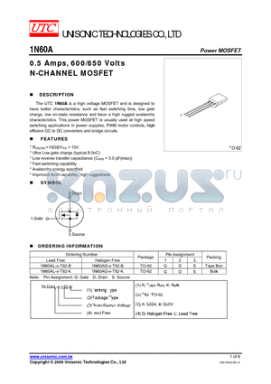 1N60A_09 datasheet - 0.5 Amps, 600/650 Volts N-CHANNEL MOSFET