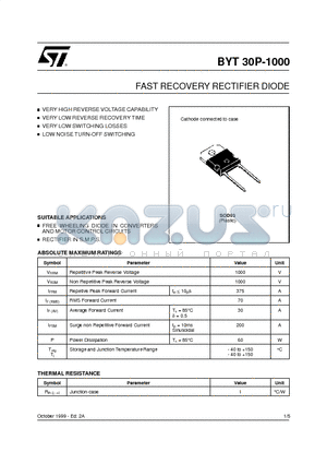 BYT30P-1000 datasheet - FAST RECOVERY RECTIFIER DIODE