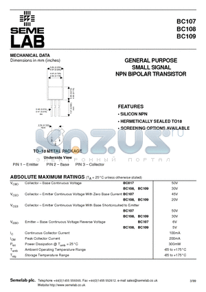 BC107 datasheet - GENERAL PURPOSE SMALL SIGNAL NPN BIPOLAR TRANSISTOR