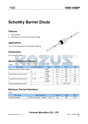 1N60P datasheet - Schottky Barrier Diode