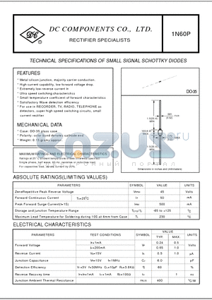 1N60P datasheet - TECHNICAL SPECIFICATIONS OF SMALL SIGNAL SCHOTTKY DIODES