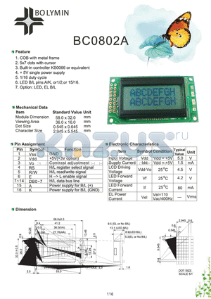 BC0802A datasheet - COB with metal frame 5x7 dots with cursor