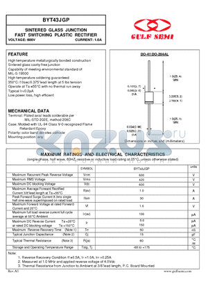 BYT43JGP datasheet - SINTERED GLASS JUNCTION FAST SWITCHING PLASTIC RECTIFIER VOLTAGE: 600V CURRENT: 1.0A