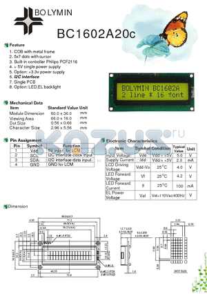 BC1602A20C datasheet - COB with metal frame 5x7 dots with cursor