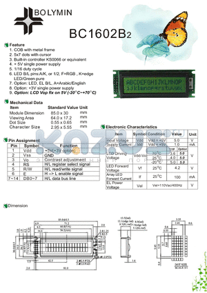 BC1602B2 datasheet - COB with metal frame 5x7 dots with cursor