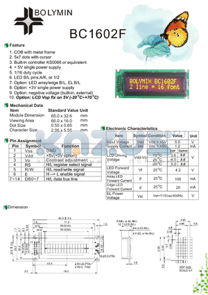 BC1602F datasheet - COB with metal frame 5x7 dots with cursor