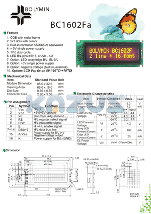 BC1602FA datasheet - COB with metal frame 5x7 dots with cursor