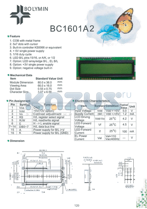 BC1601A2 datasheet - COB with metal frame 5x7 dots with cursor