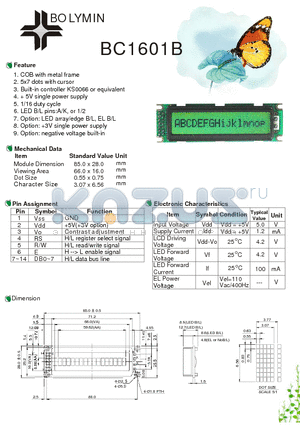 BC1601B datasheet - COB with metal frame 5x7 dots with cursor