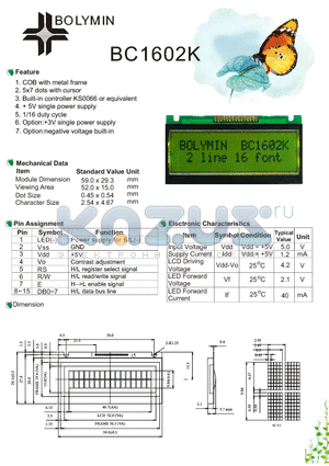 BC1602K datasheet - COB with metal frame 5x7 dots with cursor