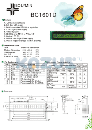 BC1601D datasheet - COB with metal frame 5x7 dots with cursor