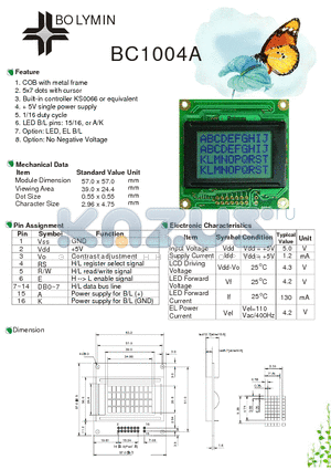 BC1004A datasheet - COB with metal frame 5x7 dots with cursor