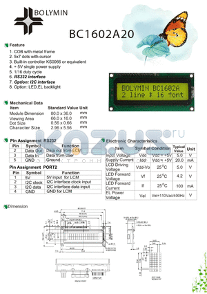 BC1602A20 datasheet - COB with metal frame 5x7 dots with cursor