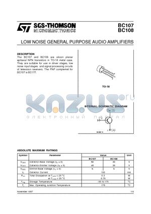 BC107 datasheet - LOW NOISE GENERAL PURPOSE AUDIO AMPLIFIERS