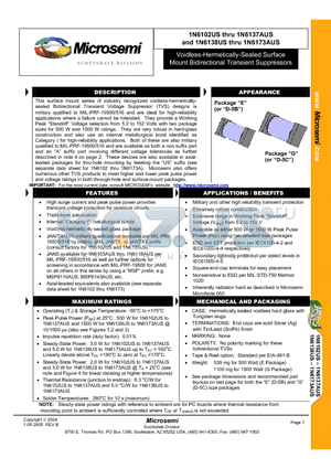 1N6109AUS datasheet - Voidless-Hermetically-Sealed Surface Mount Bidirectional Transient Suppressors