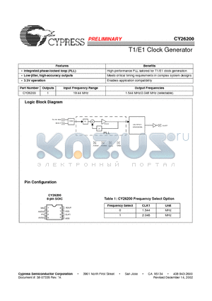 CY26200 datasheet - T1/E1 Clock Generator