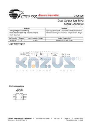 CY26126 datasheet - Dual Output 125-MHz Clock Generator