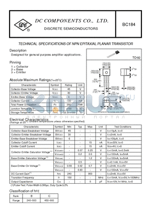 BC184 datasheet - TECHNICAL SPECIFICATIONS OF NPN EPITAXIAL PLANAR TRANSISTOR