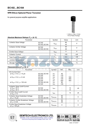 BC183 datasheet - NPN Silicon Epitaxial Planar Transistor