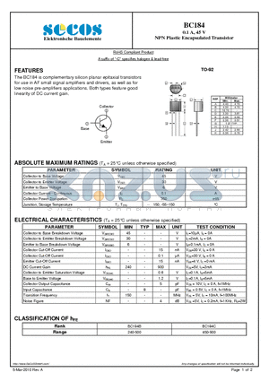 BC184 datasheet - NPN Plastic Encapsulated Transistor