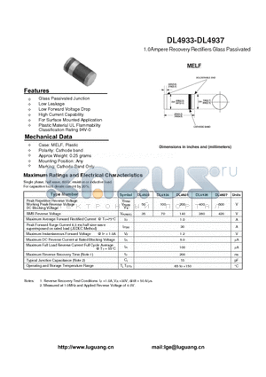 DL4937 datasheet - 1.0Ampere Recovery Rectifiers Glass Passivated