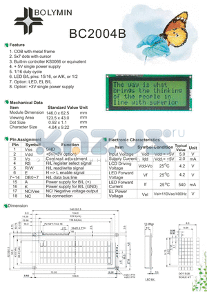 BC2004B datasheet - LED B/L pins 15/16, or A/K, or 1/2