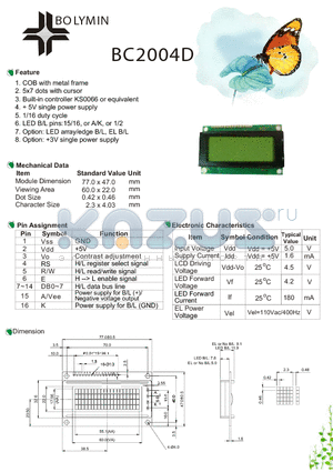 BC2004D datasheet - COB with metal frame 5x7 dots with cursor