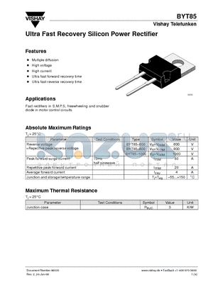 BYT85 datasheet - Ultra Fast Recovery Silicon Power Rectifier