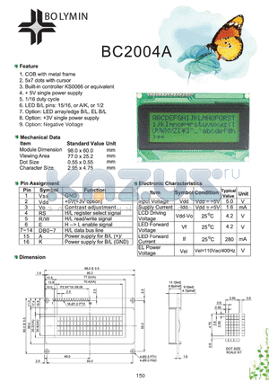 BC2004A datasheet - COB with metal frame 5x7 dots with cursor