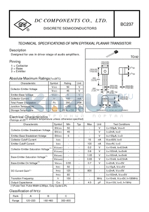 BC237 datasheet - TECHNICAL SPECIFICATIONS OF NPN EPITAXIAL PLANAR TRANSISTOR