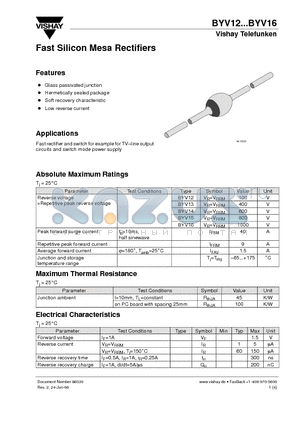 BYV12 datasheet - Fast Silicon Mesa Rectifiers