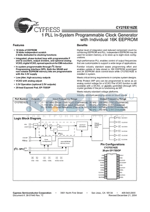 CY27EE16FZEC datasheet - 1 PLL In-System Programmable Clock Generator with Individual 16K EEPROM