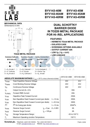 BYV143-45AM datasheet - DUAL SCHOTTKY BARRIER DIODE IN TO220 METAL PACKAGE FOR HI.REL APPLICATIONS