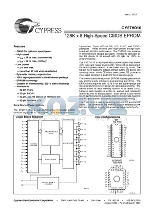 CY27H010-30JC datasheet - 128K x 8 High-Speed CMOS EPROM