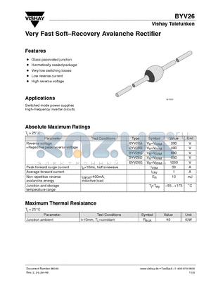 BYV26 datasheet - Very Fast Soft-Recovery Avalanche Rectifier