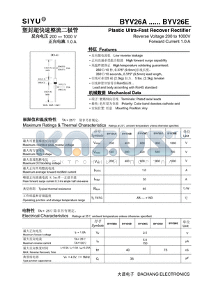 BYV26D datasheet - Plastic Ultra-Fast Recover Rectifier Reverse Voltage 200 to 1000V Forward Current 1.0 A