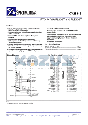 CY28316 datasheet - FTG for VIA PL133T and PLE133T