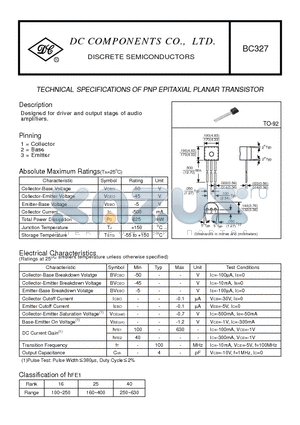 BC327 datasheet - TECHNICAL SPECIFICATIONS OF PNP EPITAXIAL PLANAR TRANSISTOR