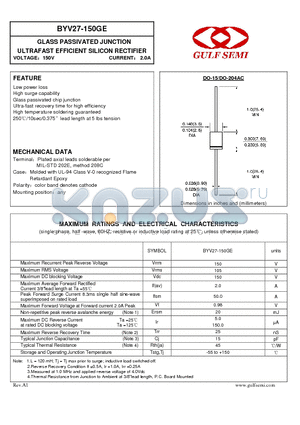 BYV27-150GE datasheet - GLASS PASSIVATED JUNCTION ULTRAFAST EFFICIENT SILICON RECTIFIER VOLTAGE150V CURRENT 2.0A