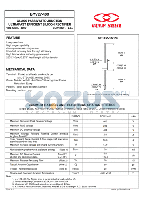 BYV27-400 datasheet - GLASS PASSIVATED JUNCTION ULTRAFAST EFFICIENT SILICON RECTIFIER VOLTAGE400V CURRENT 2.0A