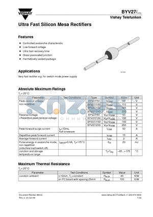 BYV27 datasheet - Ultra Fast Silicon Mesa Rectifiers