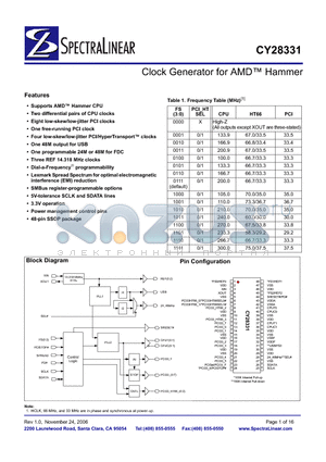 CY28331OCT datasheet - Clock Generator for AMD Hammer