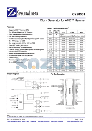 CY28331OXC datasheet - Clock Generator for AMD Hammer