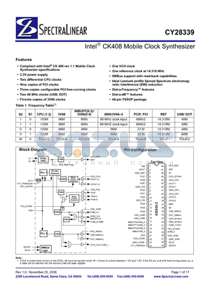CY28339ZCXT datasheet - Intel CK408 Mobile Clock Synthesizer