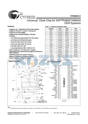 CY28341-2 datasheet - Universal Clock Chip for VIA P4M/KT/KM400 DDR Systems