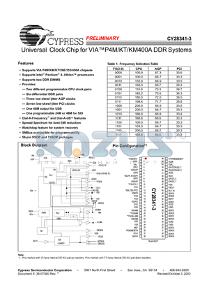 CY28341-3 datasheet - Universal Clock Chip for VIAP4M/KT/KM400A DDR Systems