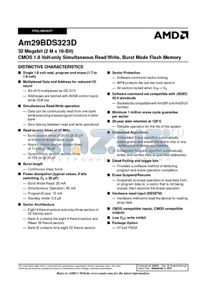 AM29BDS323DT11AWKI datasheet - 32 Megabit (2 M x 16-Bit) CMOS 1.8 Volt-only Simultaneous Read/Write, Burst Mode Flash Memory